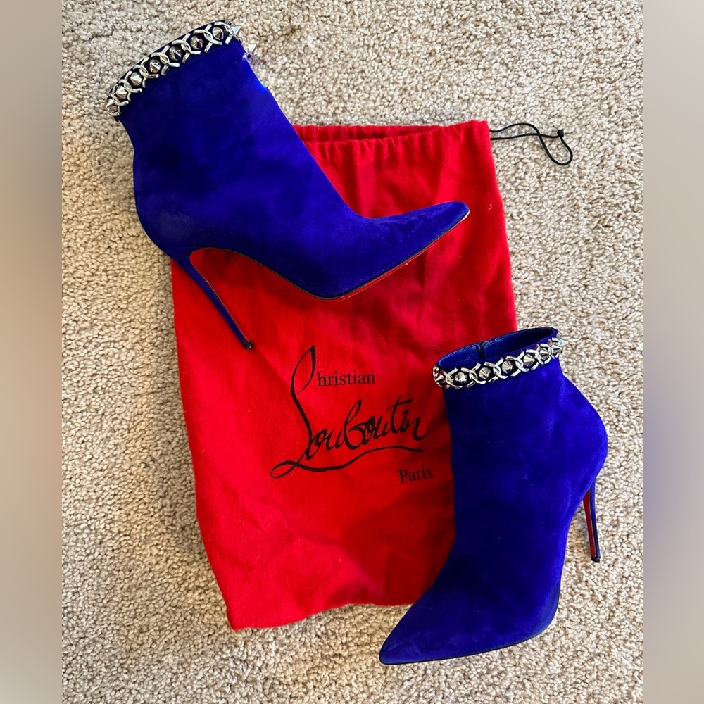 Christian Louboutin Blue Suede Booty Chain Ankle Boot Booties 37
